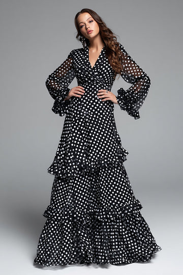 Black White Dot A Line Ruffled Long Formal Dress with Sleeves